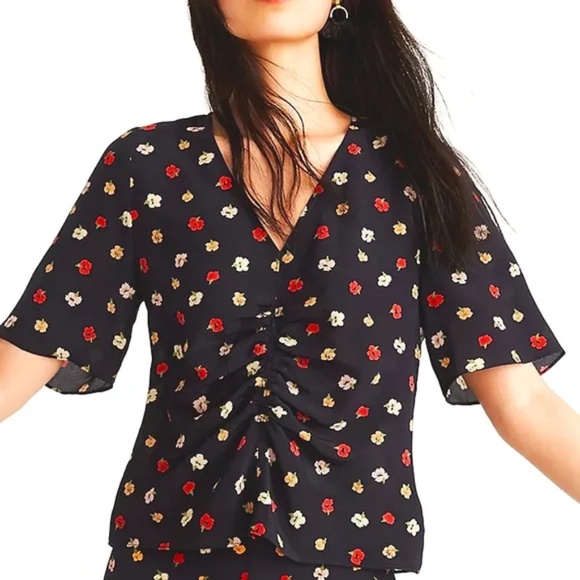 NWT Madewell Navy Blue Silk Shirred-Front Top in Confetti Floral - 4 - Picture 4 of 5